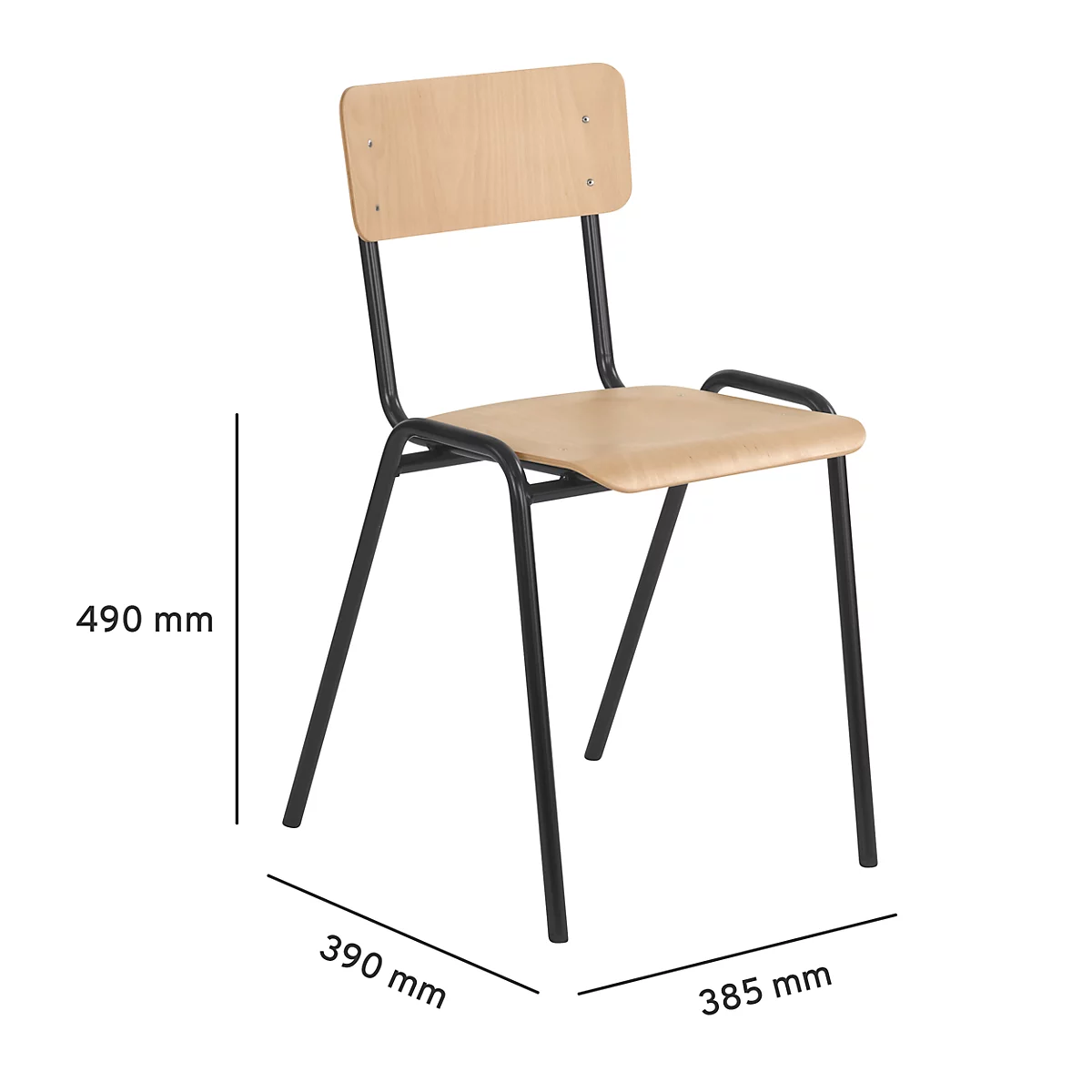 Chair made of light wood with a black metal frame. Dimensions: 490 mm, 390 mm, 385 mm.