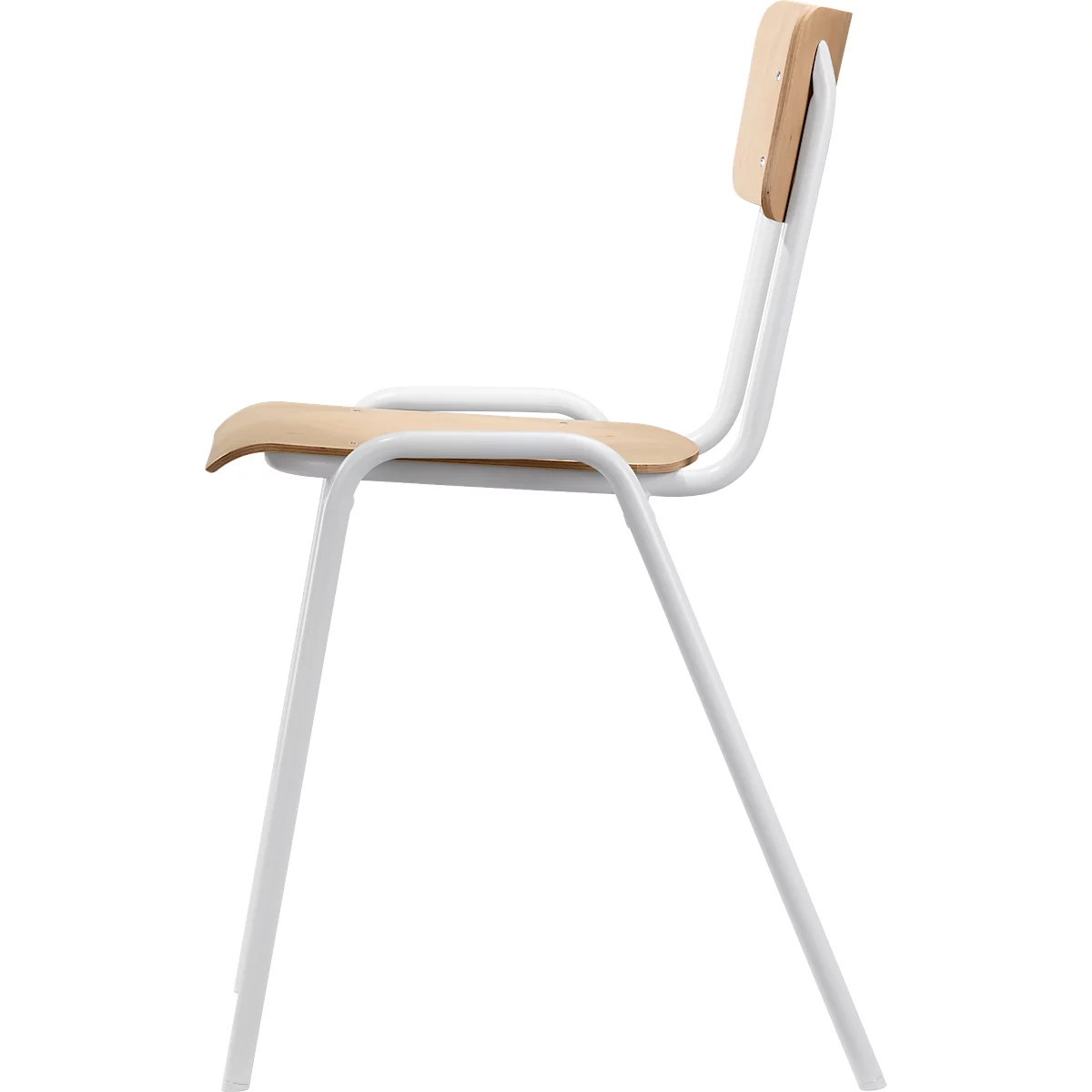 Side view of a chair made of wood and metal, light wood and white frame.