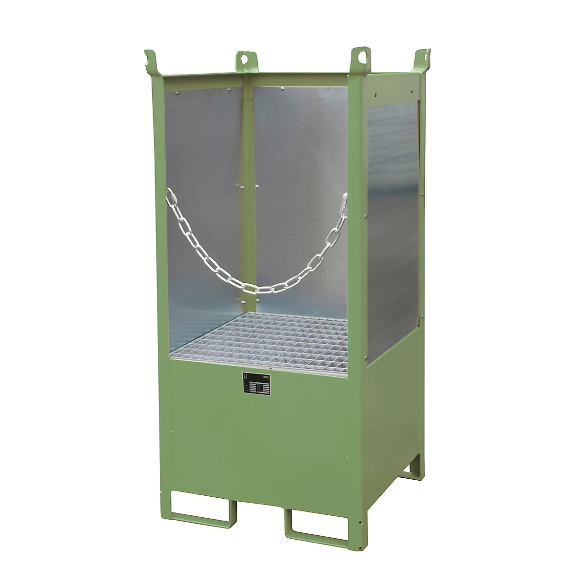 Green metal container with chain and grid floor.
