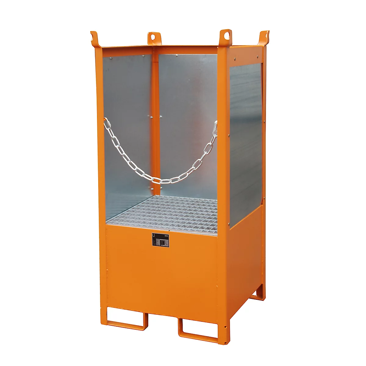 Orange metal box with chain, grid floor, and handles. Neutral background.