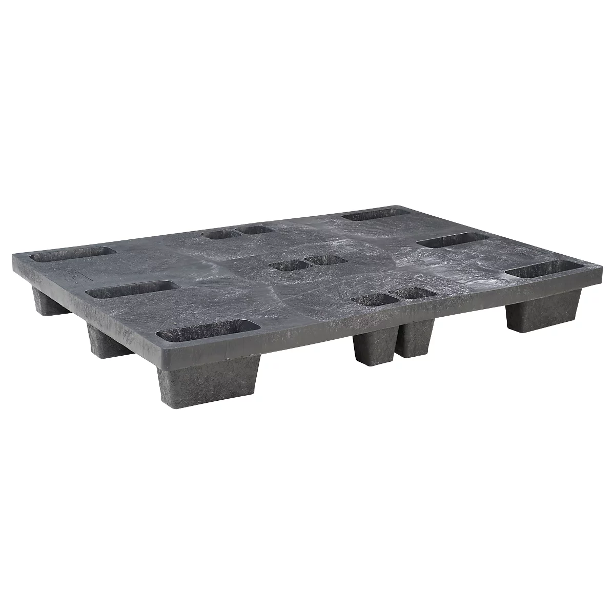 Dark gray plastic pallet with rectangular openings and feet.