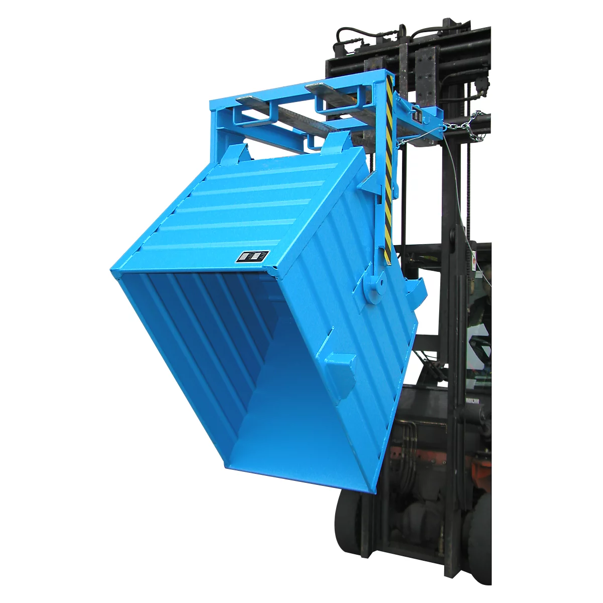 Blue, rectangular container attached to a forklift. Yellow and black stripes on the support arm.