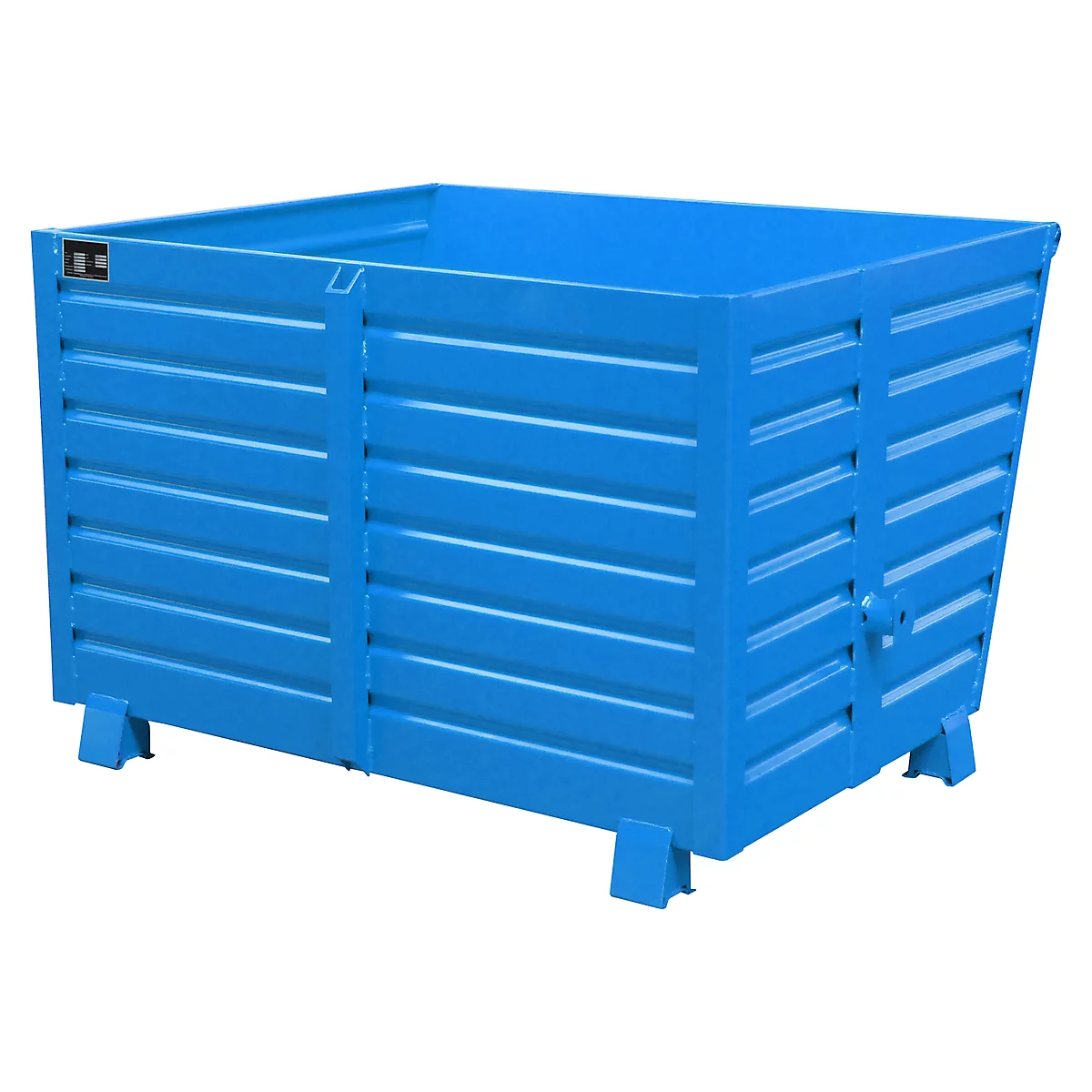 Blue metal box with ribbed sides, standing on pedestals.