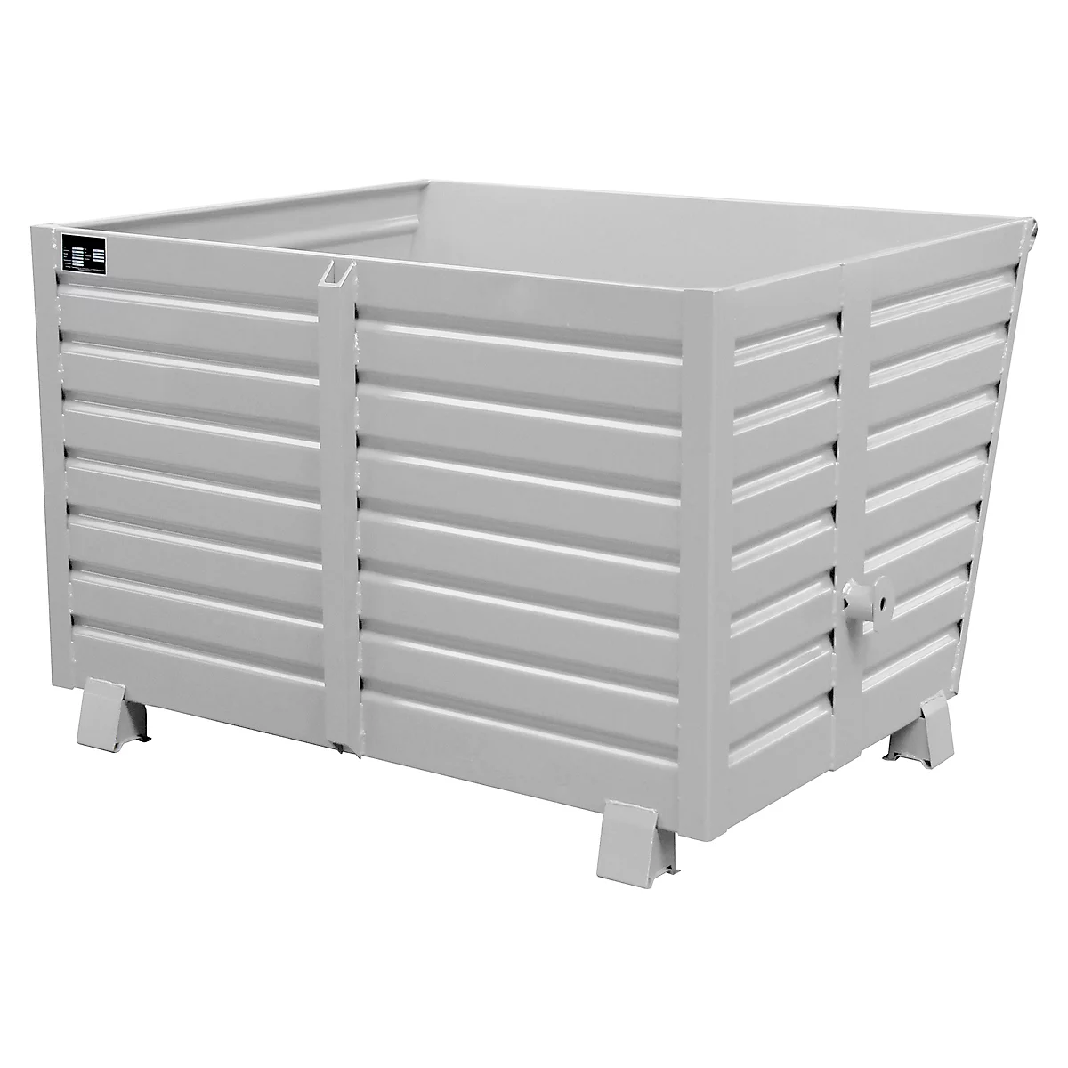 A gray, rectangular container with horizontal bars on the sides stands on feet.