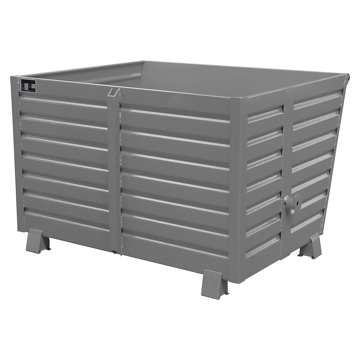 Grey metal box with horizontal ribs, on small legs. The box has a rectangular shape.