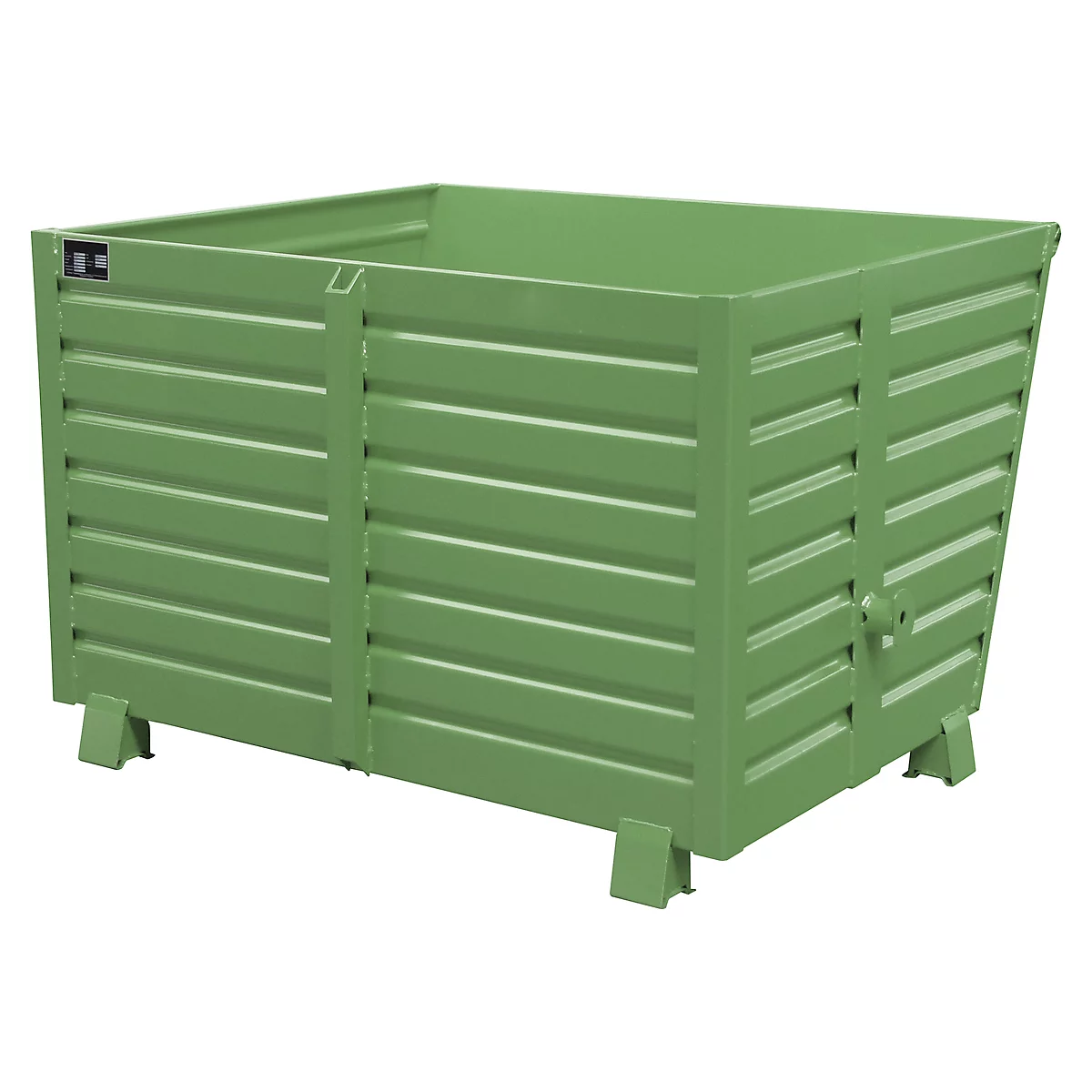 Green, rectangular metal container with ribbed sides, standing on feet. A logo can be seen above the left side.