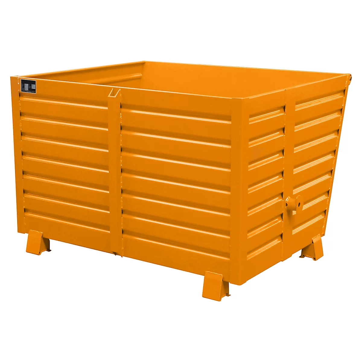 An orange, box-shaped metal crate with ribbed sides and legs.