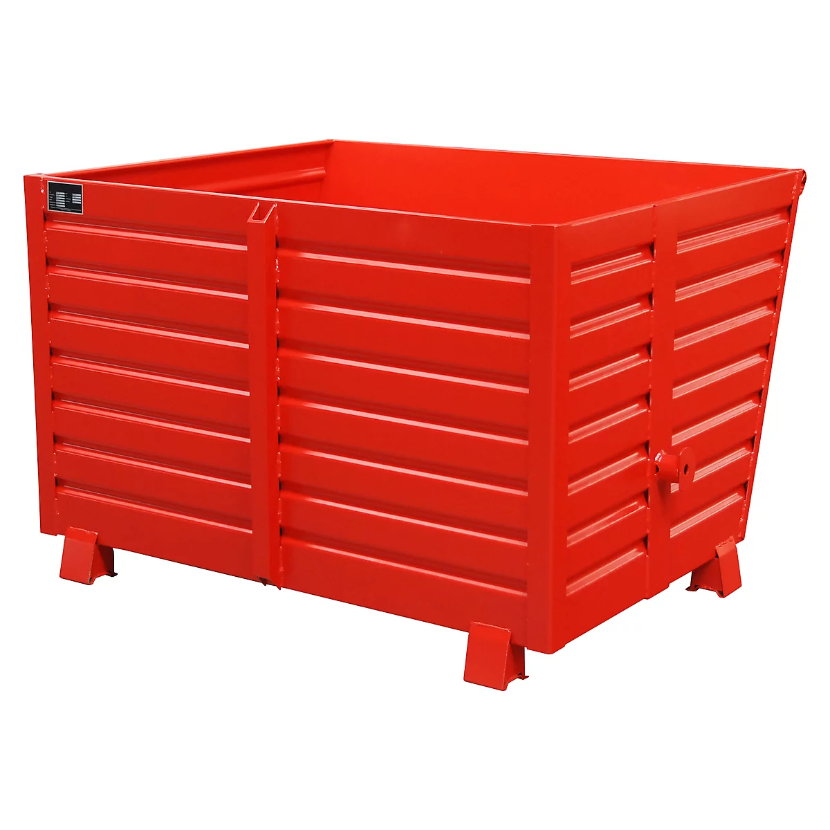 Red metal container with ribbed sides. It stands on short legs and has a rectangular shape.