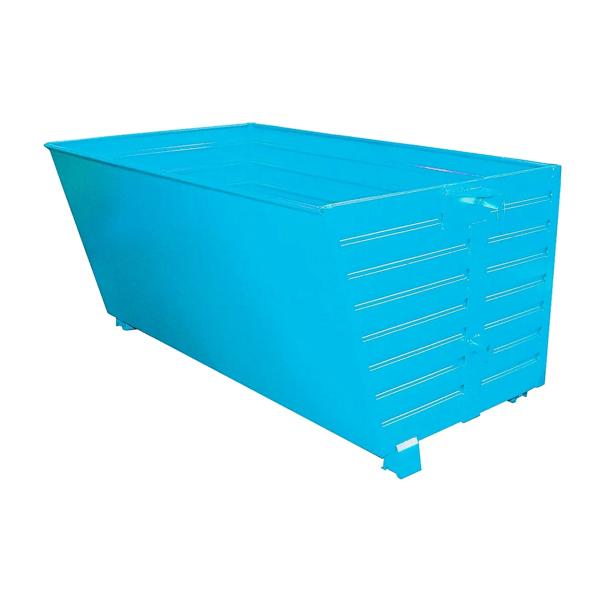 Blue, rectangular plastic container, slightly inclined, with side grooves and a lid.