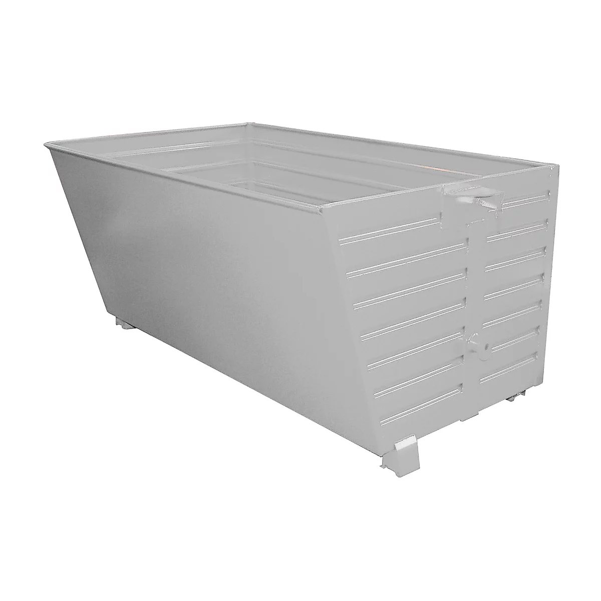 Gray, rectangular metal bin with beveled sides and vertical lines. A handle is attached.