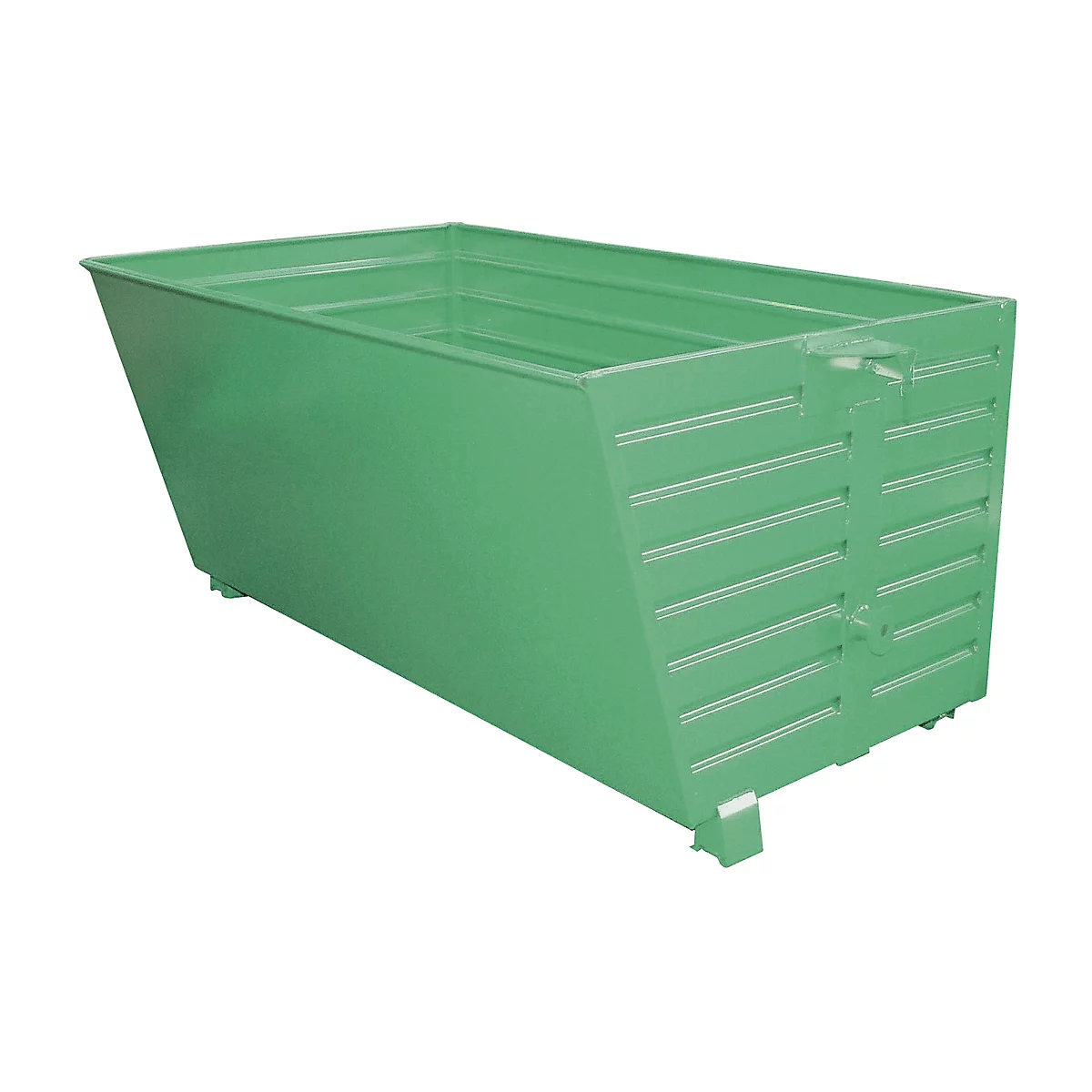 Green metal container with sloped sides and a handle. The sides are ribbed.