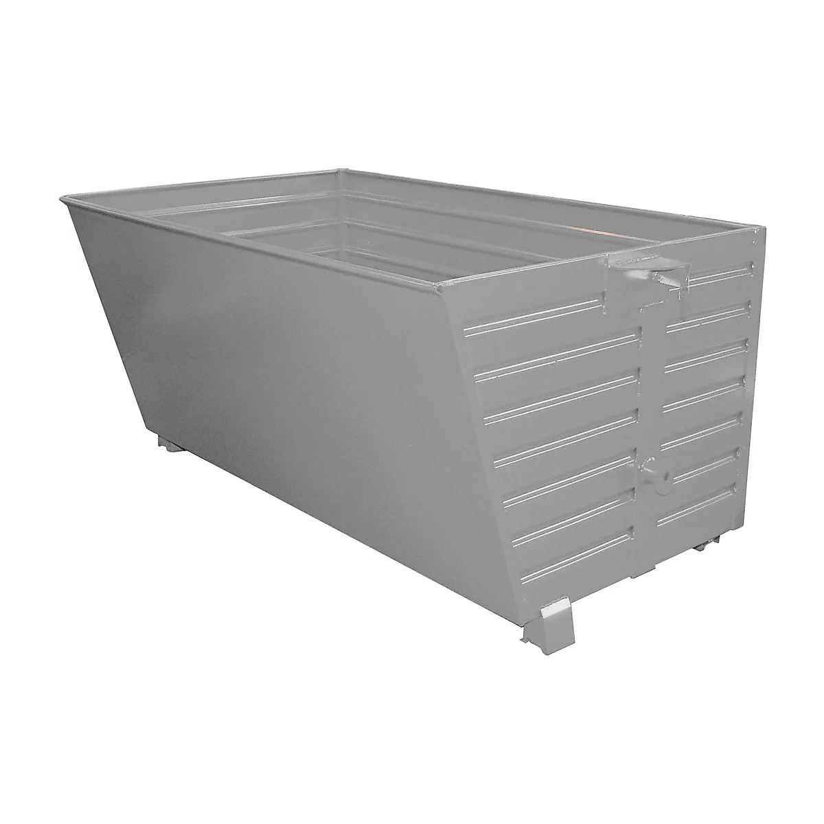 Gray, rectangular metal container, tapering towards the front. Sides are ribbed horizontally; a handle protrudes.