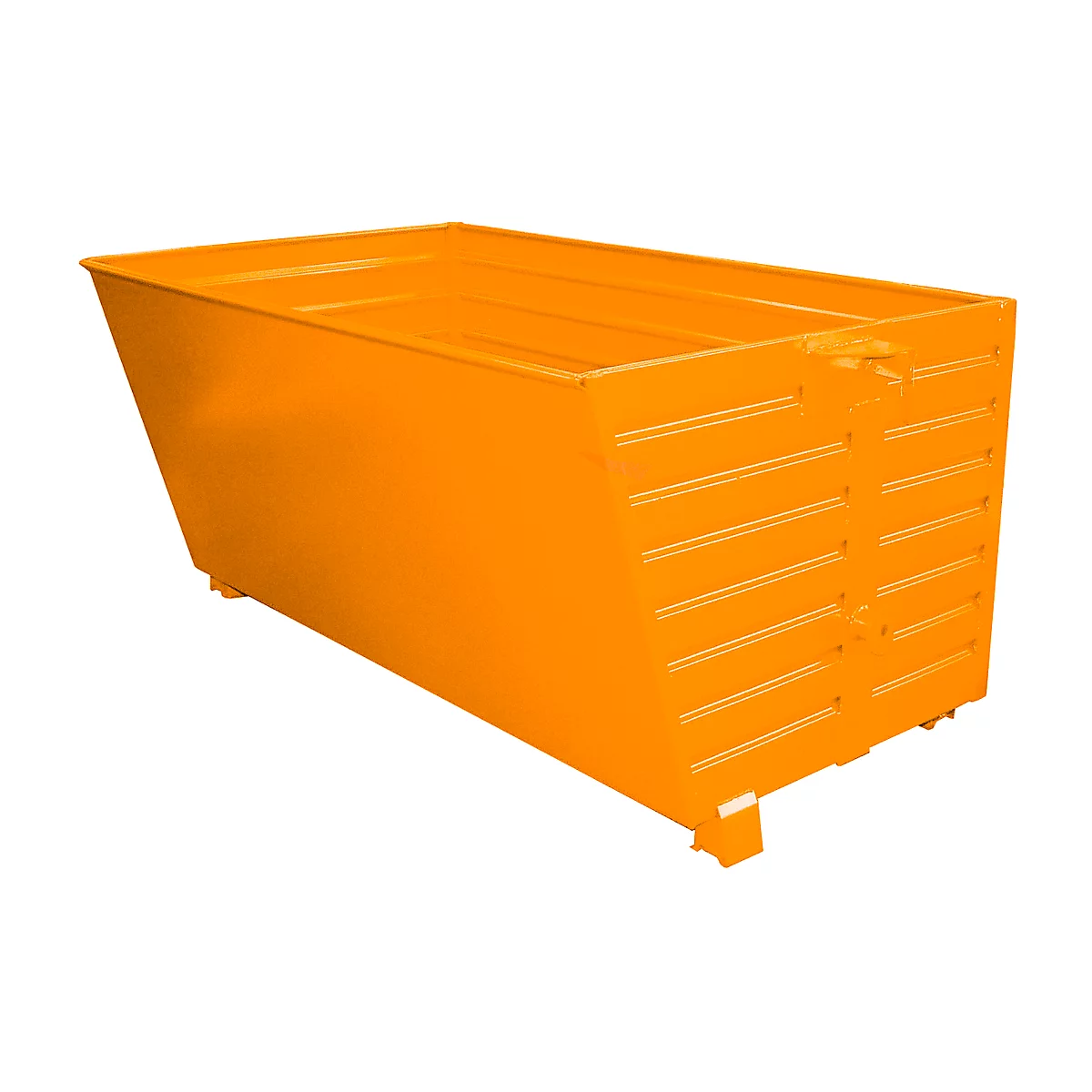 Orange rectangular metal container. Horizontal stripes on the sides and an opening on the upper edge.
