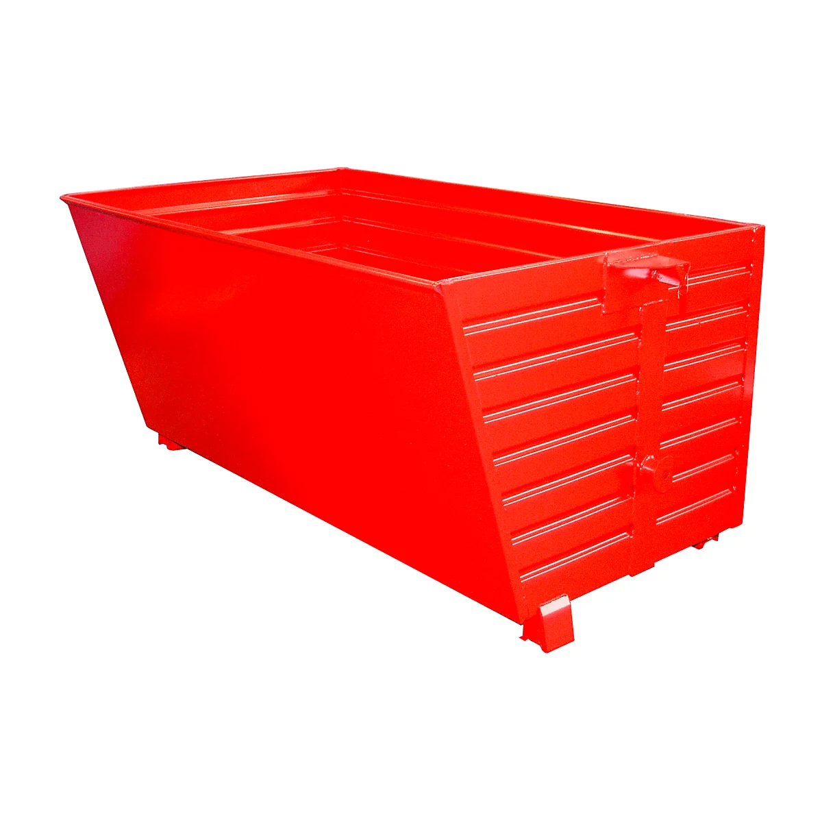 Red metal skip with sloping sides. There is a vertical strut on one side.
