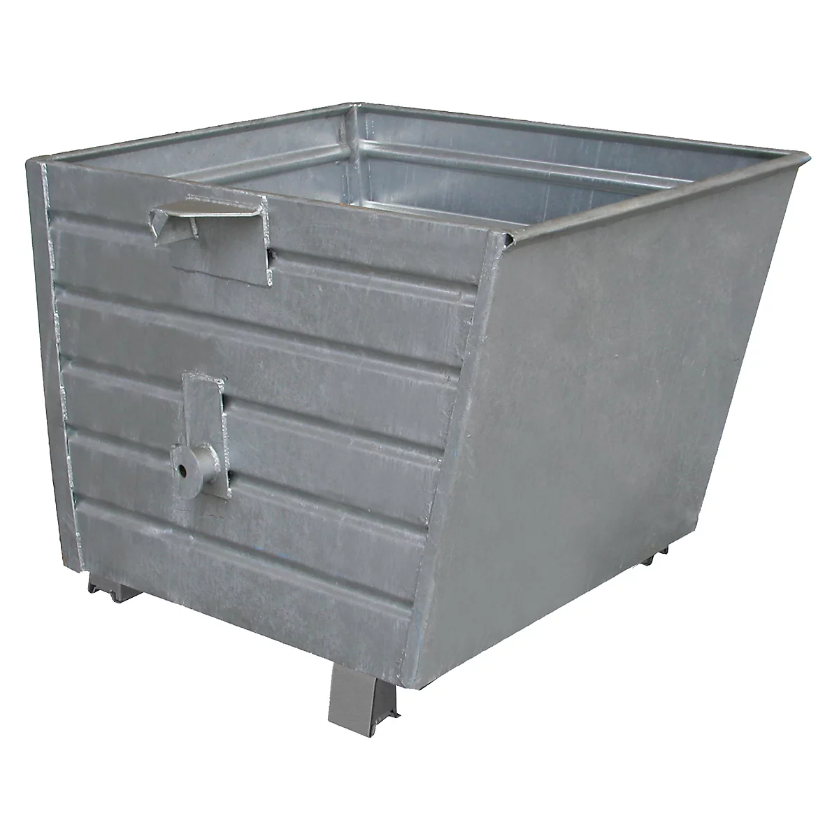 Metal container, angular, gray with reinforced side wall and feet.
