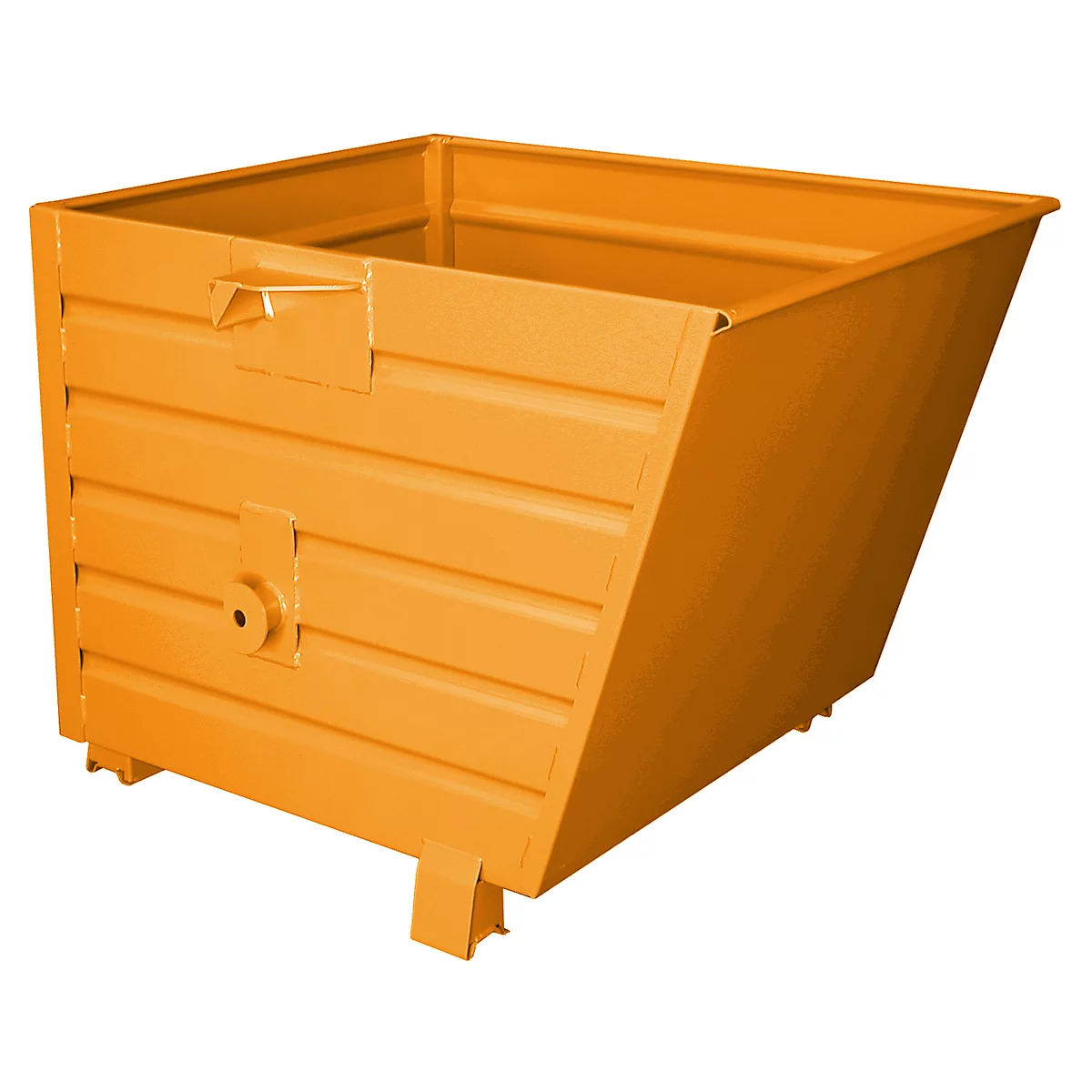 Orange metal tipping container with ribbed sidewalls, standing on feet.