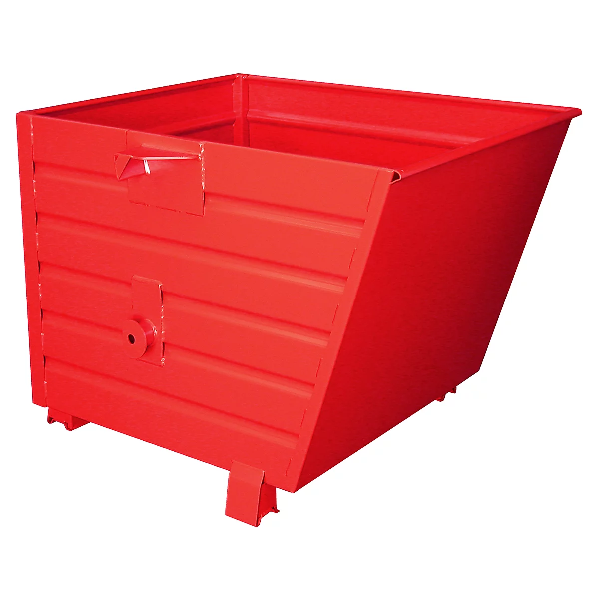 Red metal skip, rectangular shape, with bracket and flap, on feet.
