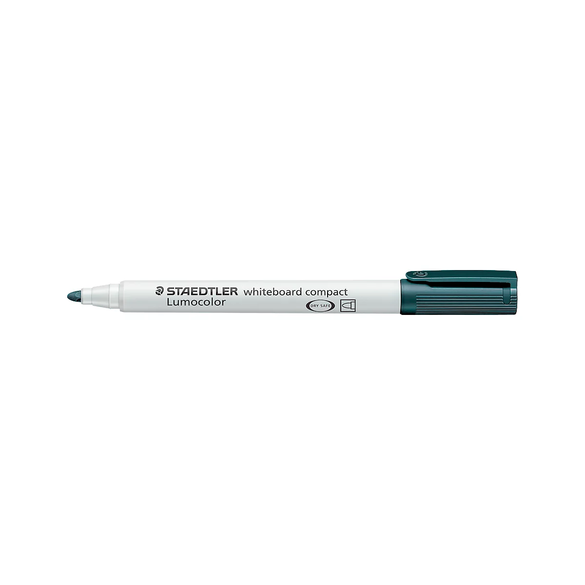 A green Staedtler whiteboard marker with text. The pen has a white sleeve and a green cap.
