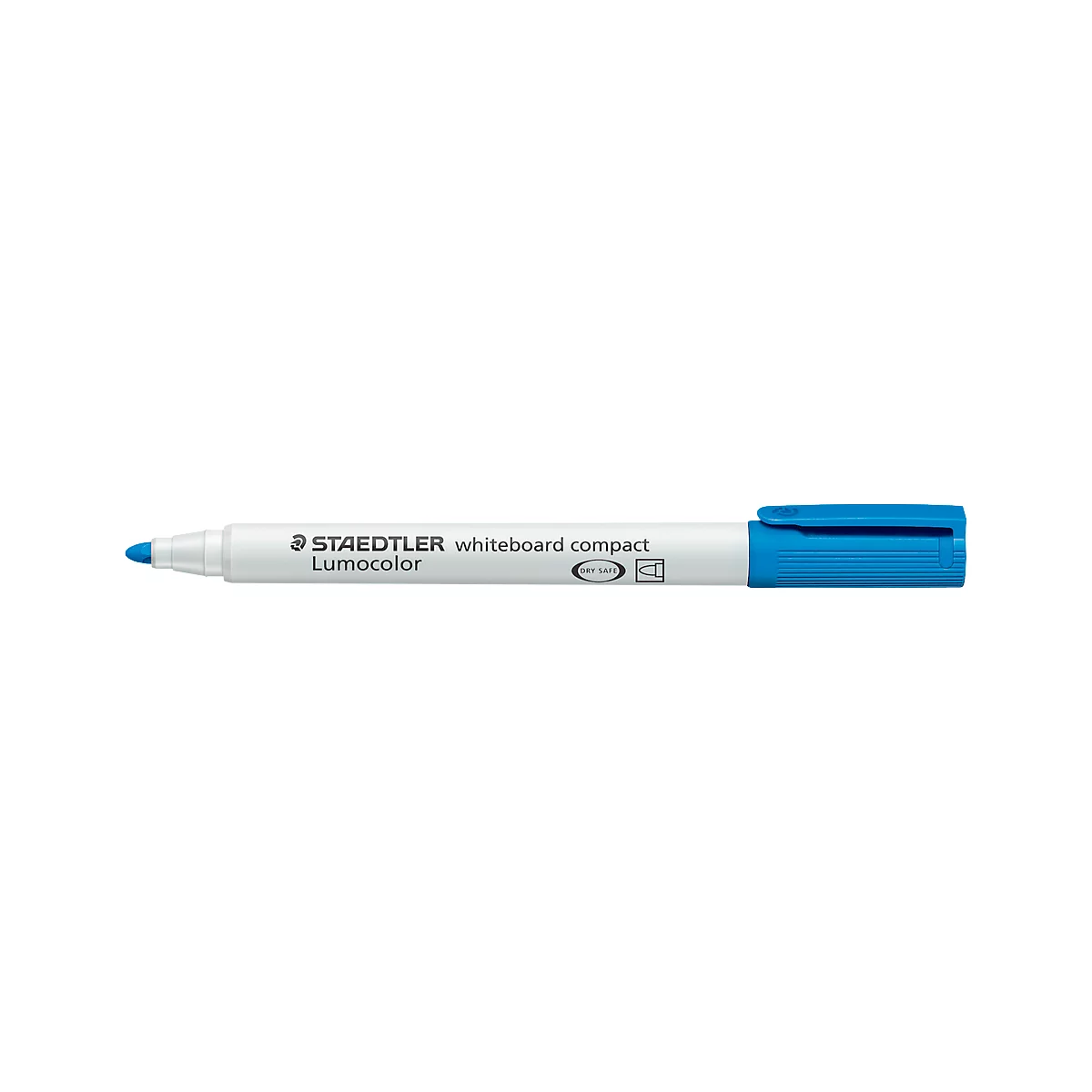 Blue STAEDTLER whiteboard marker with white shaft. Inscription: Lumocolor, whiteboard compact.