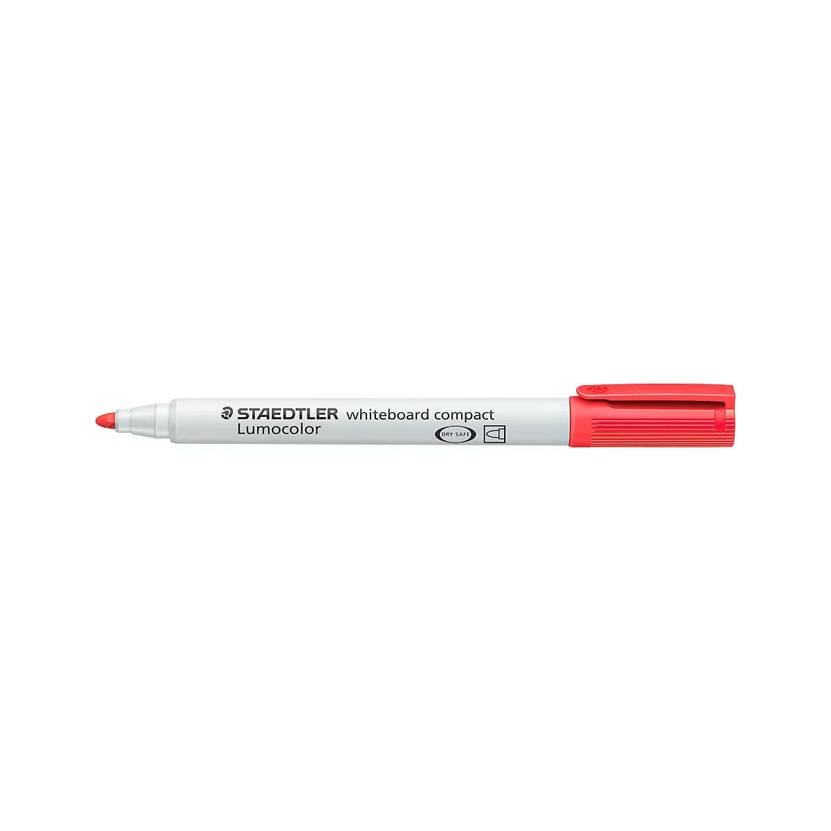 Een rode Staedtler whiteboard marker, gedeeltelijk gelabeld.