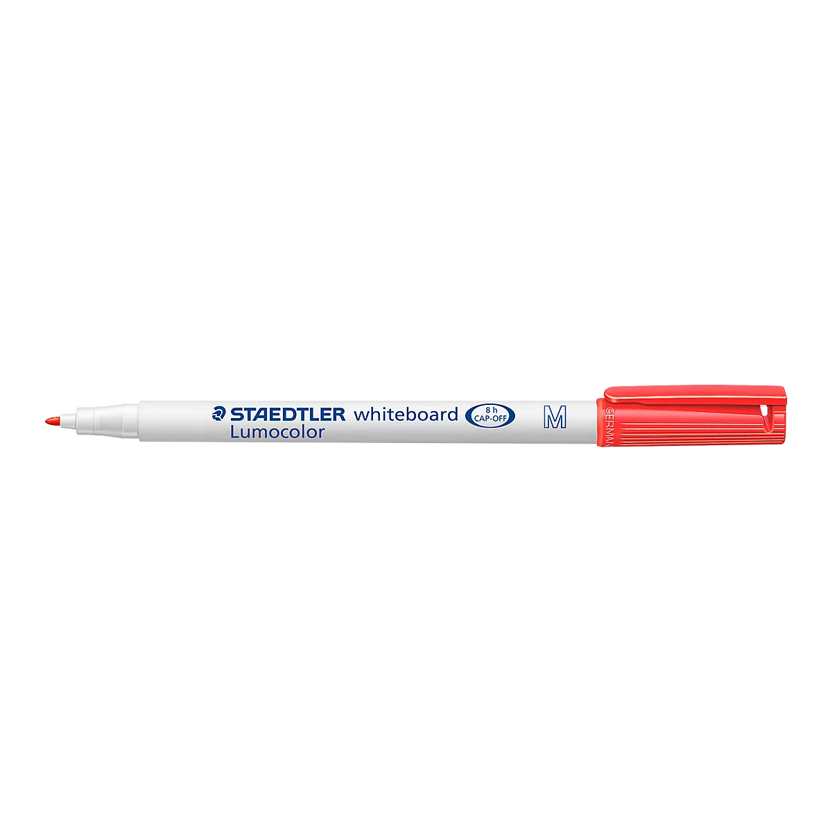 Een rode Staedtler whiteboard marker, tegen een witte achtergrond. De pen heeft een witte schacht en een rode dop.