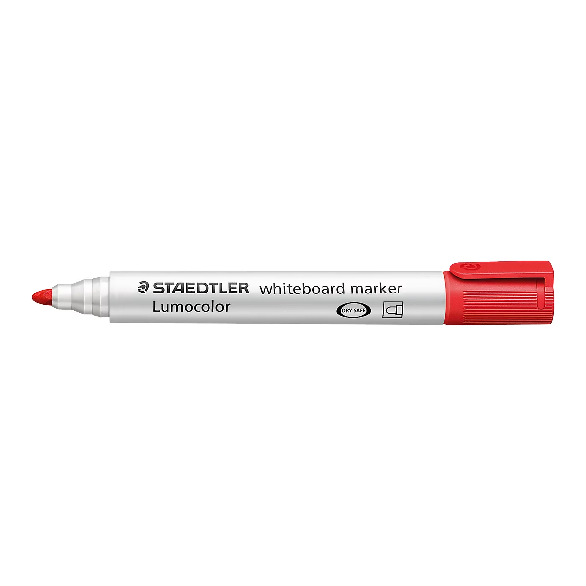 Witte, rode STAEDTLER whiteboard marker met rode dop en penpunt. Inscriptie: Lumocolor.
