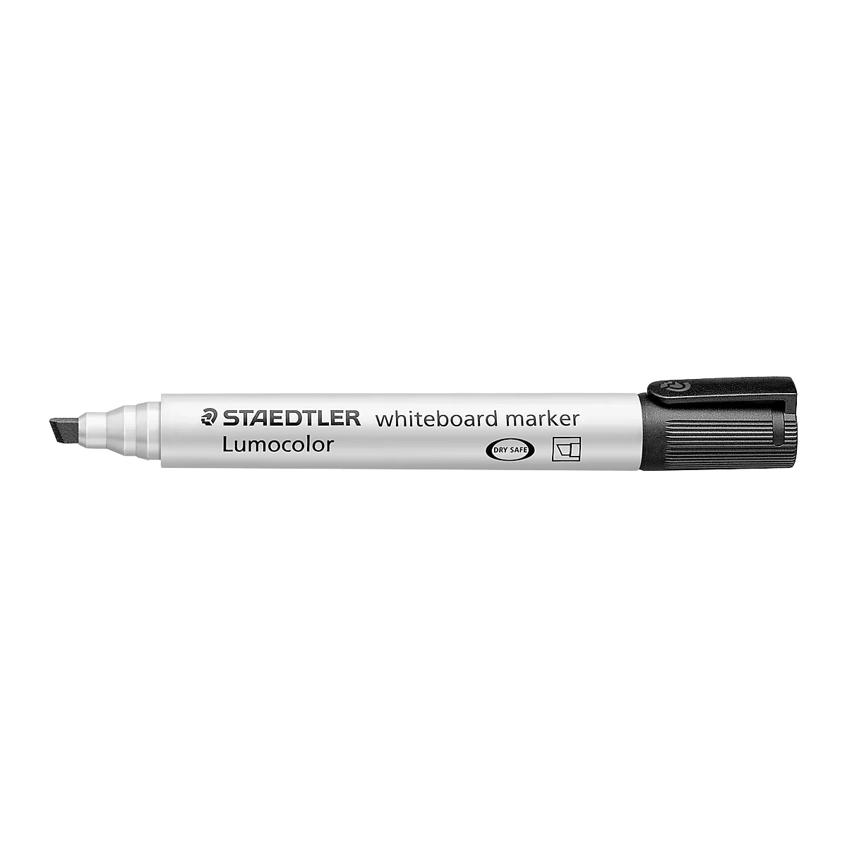 Witte STAEDTLER Lumocolor whiteboard marker. Zwarte punt en dop, met tekst.