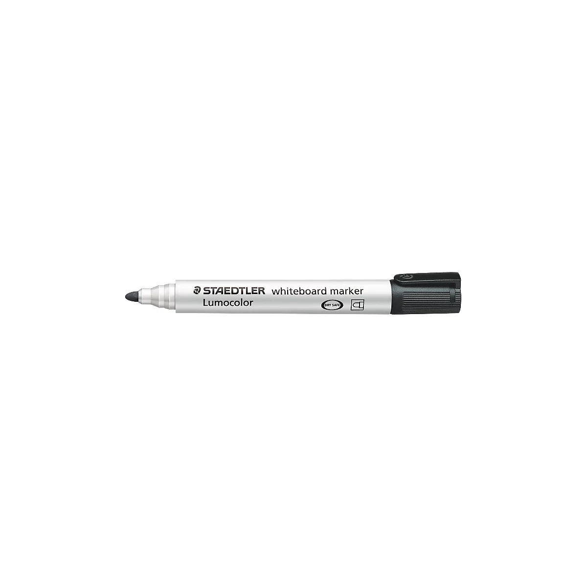 Een witte STAEDTLER whiteboard marker met een zwarte punt en dop. Op de stift staat Lumocolor.