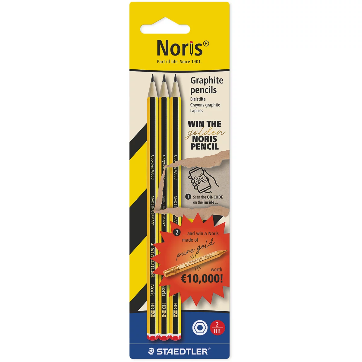 Drei Staedtler Noris Bleistifte in einer gelben Werbeverpackung mit Gewinnspielhinweis auf einen Goldstift.