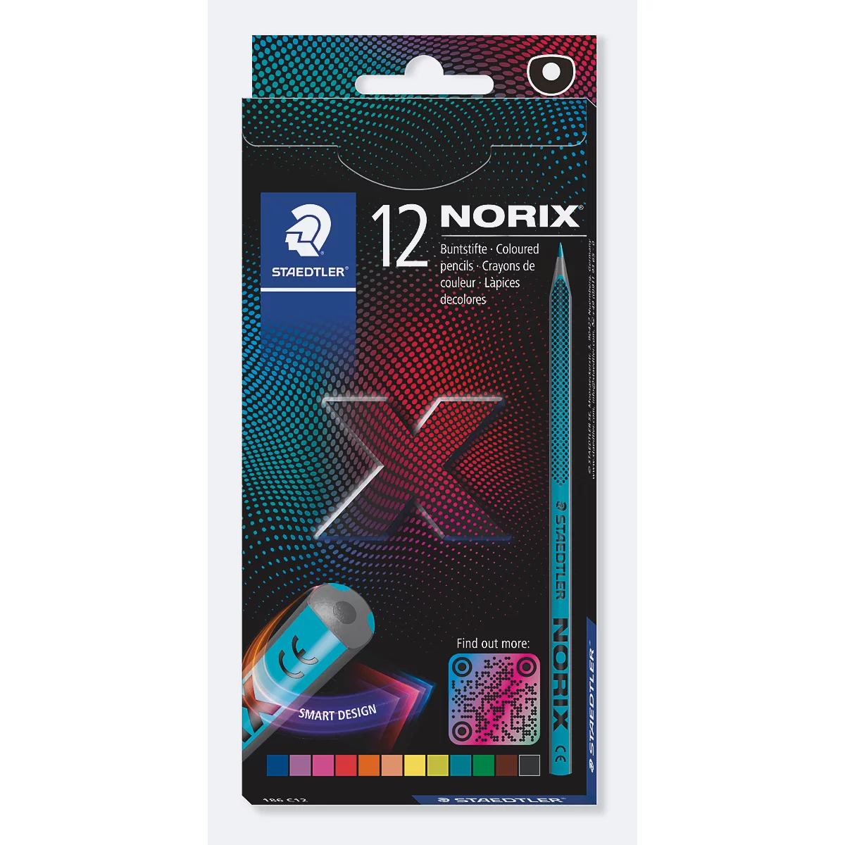 Un paquet de 12 crayons de couleur Norix, logo Staedtler, couleurs en bas, texte: Smart Design, Find out more, sur fond sombre.