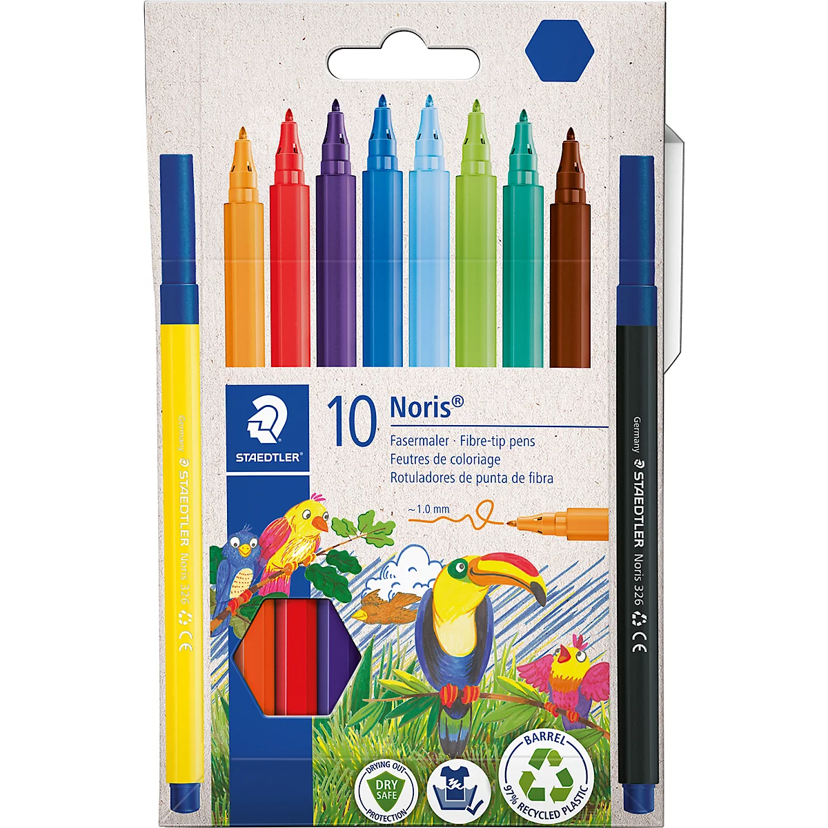 STAEDTLER Feutre de coloriage NORIS, épaisseur de trait 1 mm, lavable, technologie DRY-SAFE, couleurs assorties, lot de 10