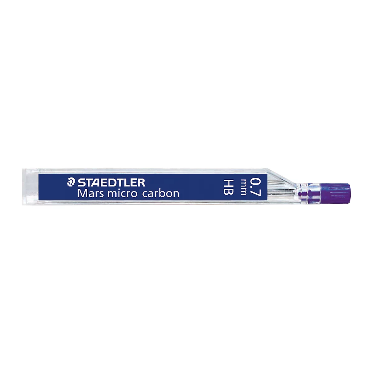 Blue and white Staedtler Mars micro carbon pencil case with text. Inscription: Staedtler Mars micro carbon, HB 0.7 mm.