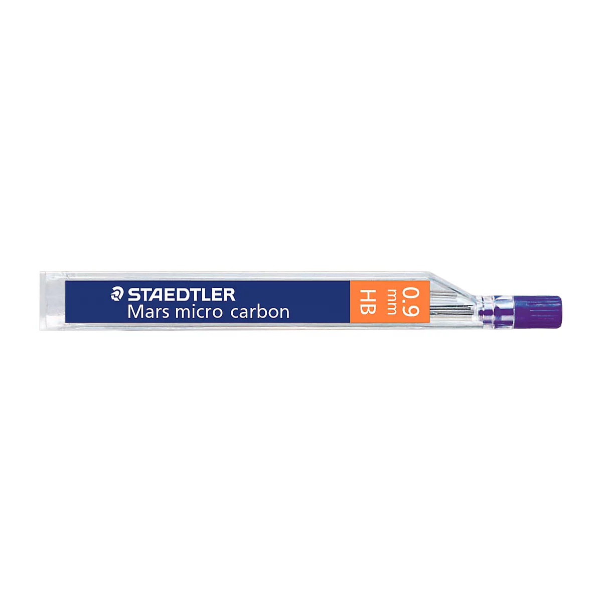 Close-up of a Steadtler Mars micro carbon lead pack. Blue background with orange marking. Inscription: Steadtler, Mars micro carbon, HB, 0.9 mm.