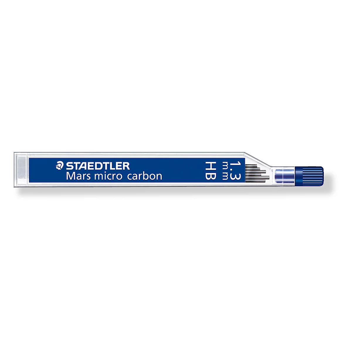 A package of STAEDTLER Mars micro carbon leads. On a blue background is the lettering STAEDTLER and Mars micro carbon. Also shown are the properties: HB 1.3 mm and 3ω.