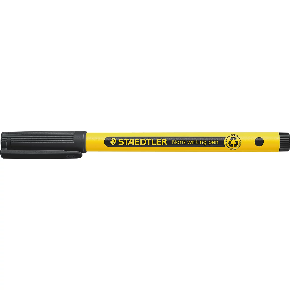 Un surligneur jaune Staedtler avec un capuchon noir. Texte: Staedtler Noris writing pen.