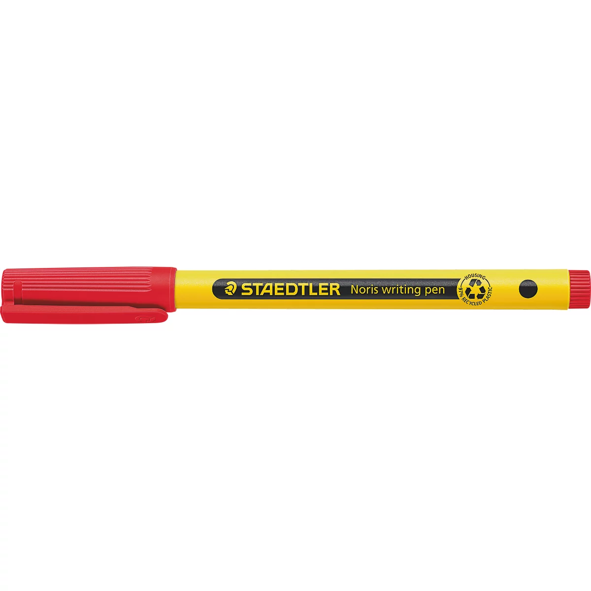 Un marqueur rouge Staedtler avec une tige jaune et des lettres.