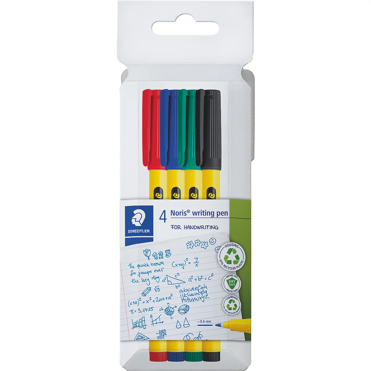 Emballage avec quatre stylos colorés partiellement visibles. En dessous, une feuille avec des formules mathématiques.