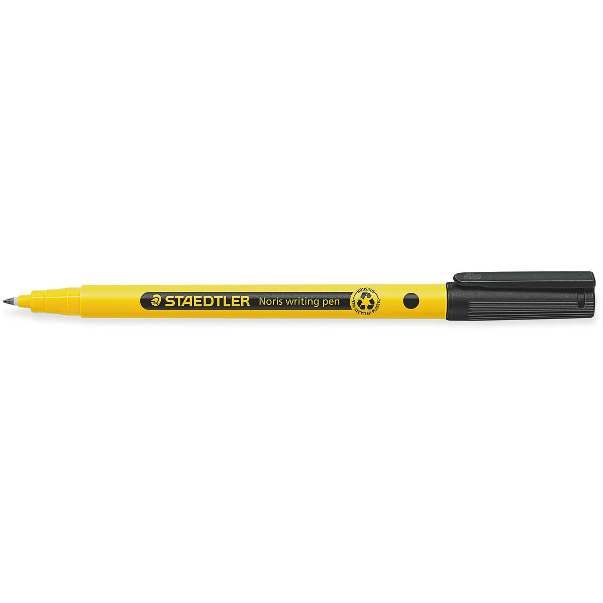 Yellow highlighter with a black lid. Inscription: STAEDTLER. Yellow marker lies horizontally.