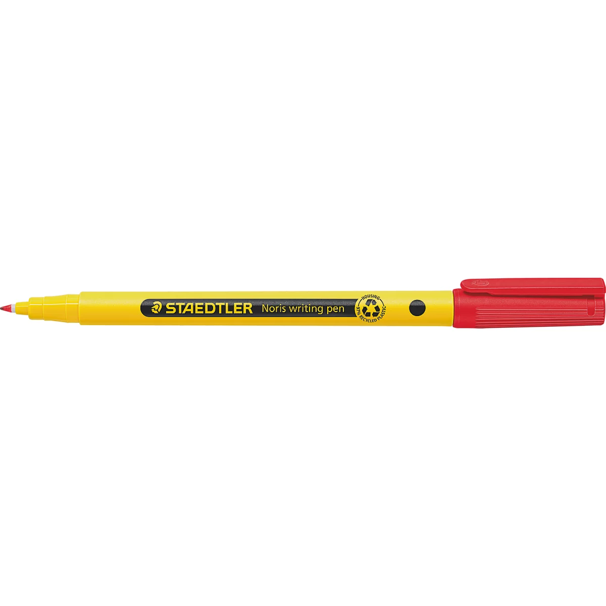 Yellow and red highlighter. The highlighter says "STAEDTLER." The pen has a red cap.