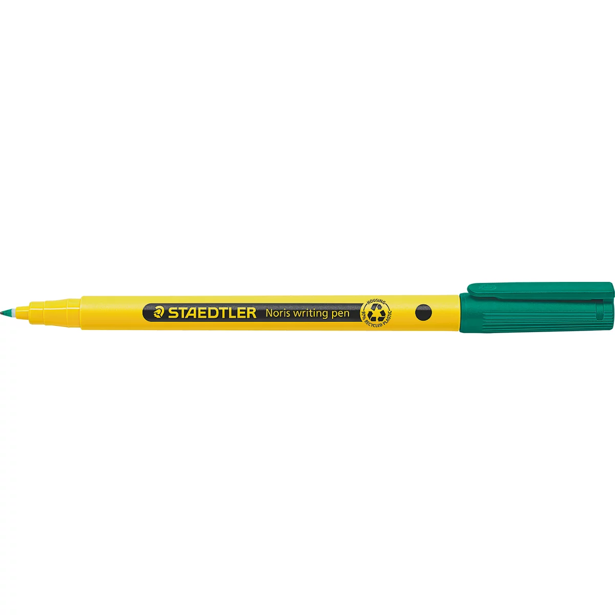Ein gelber Textmarker mit grünem Ende und Aufdruck "STAEDTLER".