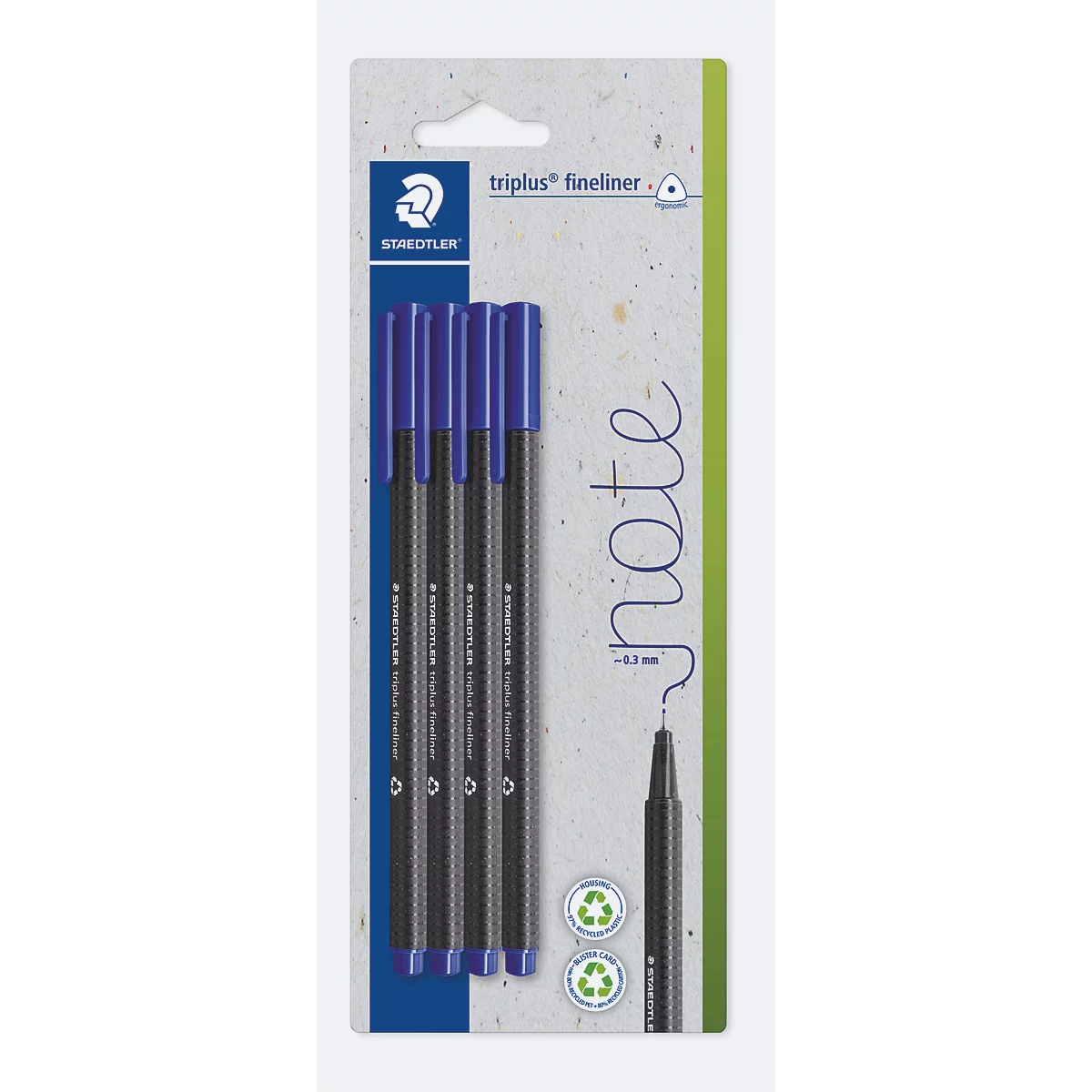Vier blaue Staedtler Triplus Fineliner in einer recycelten Papierverpackung.