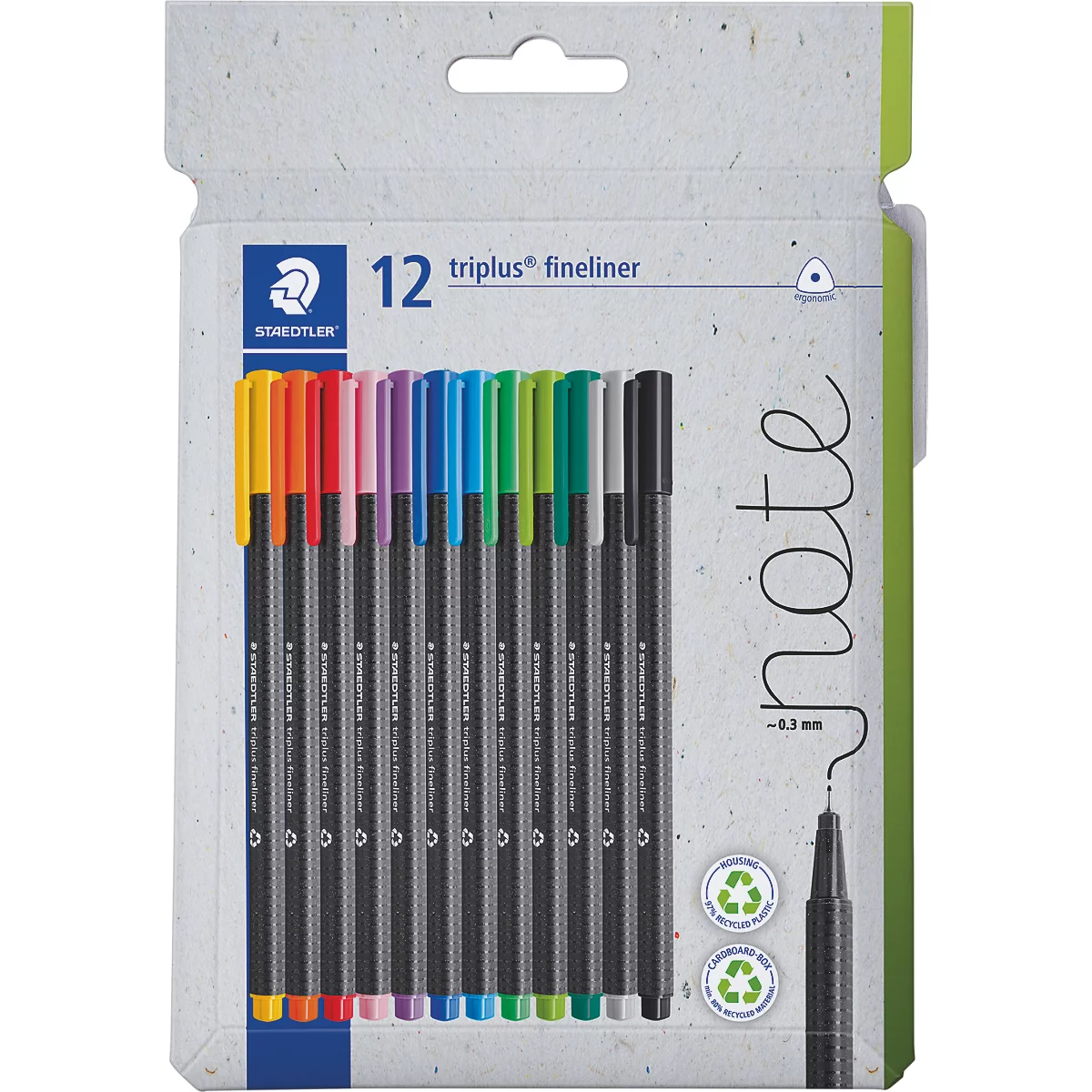 Packung mit 12 farbigen Staedtler Triplus Finelinern in einer Kartonverpackung.