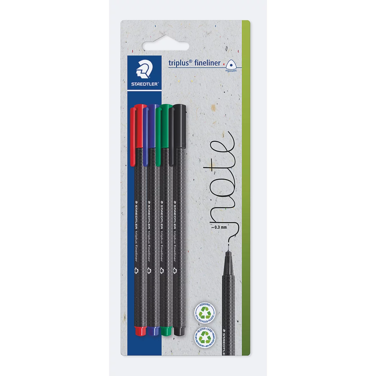 Vier Staedtler Triplus Fineliner in einer Blisterverpackung mit dem Schriftzug note.