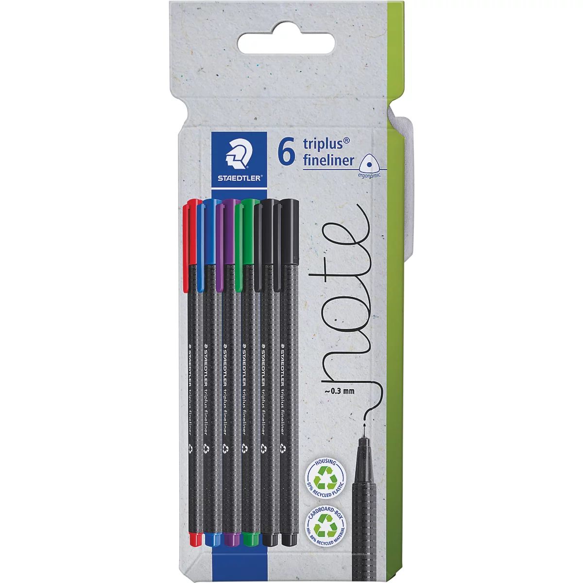 Packung mit sechs Staedtler triplus finelinern in verschiedenen Farben.