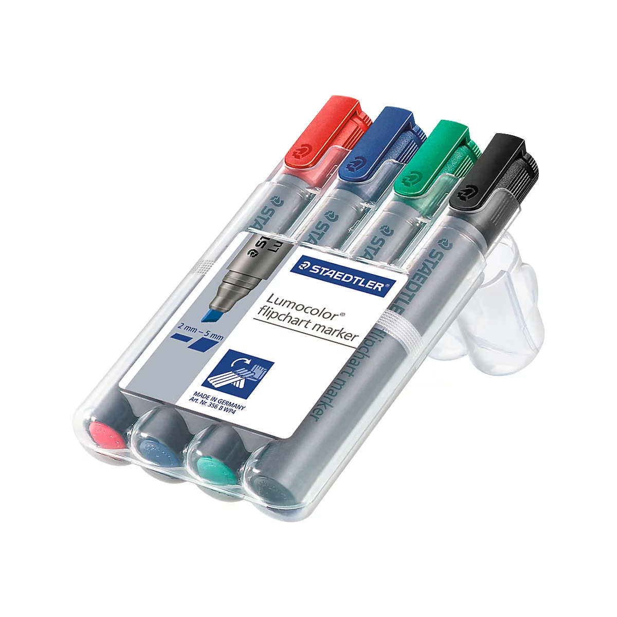 Pack of four Lumocolor flipchart markers in red, blue, green and black. In transparent plastic packaging.