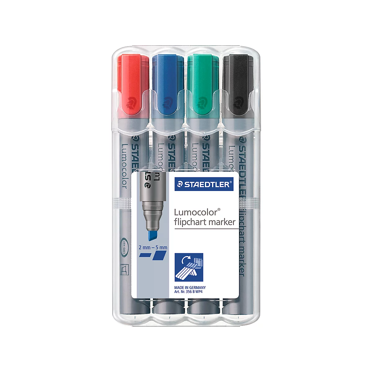 Package of four Lumocolor flip chart markers in red, blue, green, and black. The pens are in a transparent package.