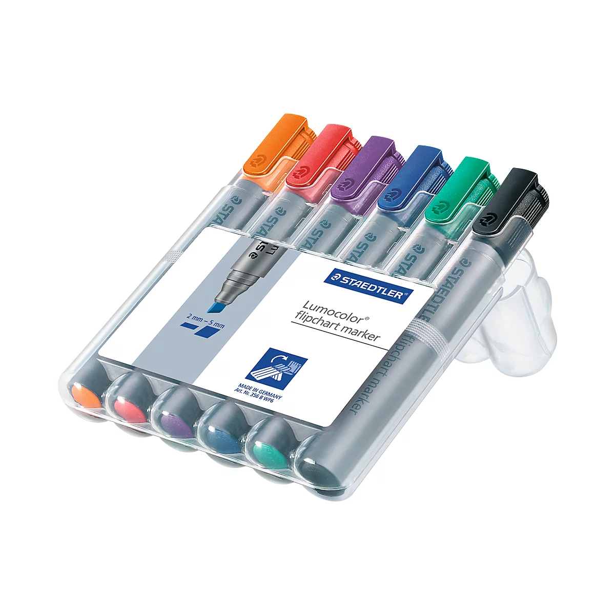 A set of colored highlighters in a transparent plastic packaging, including stickers with product information.