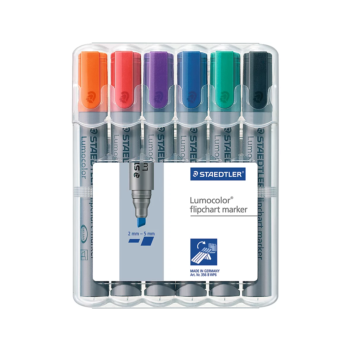 A pack of colorful felt-tip pens in a transparent plastic box. The pens have colored caps and the name Lumocolor.