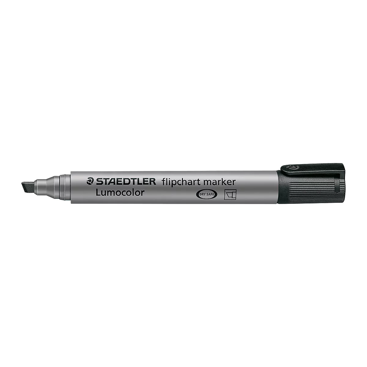 Gray STAEDTLER flipchart marker with black tip and cap. Inscription: Lumocolor.