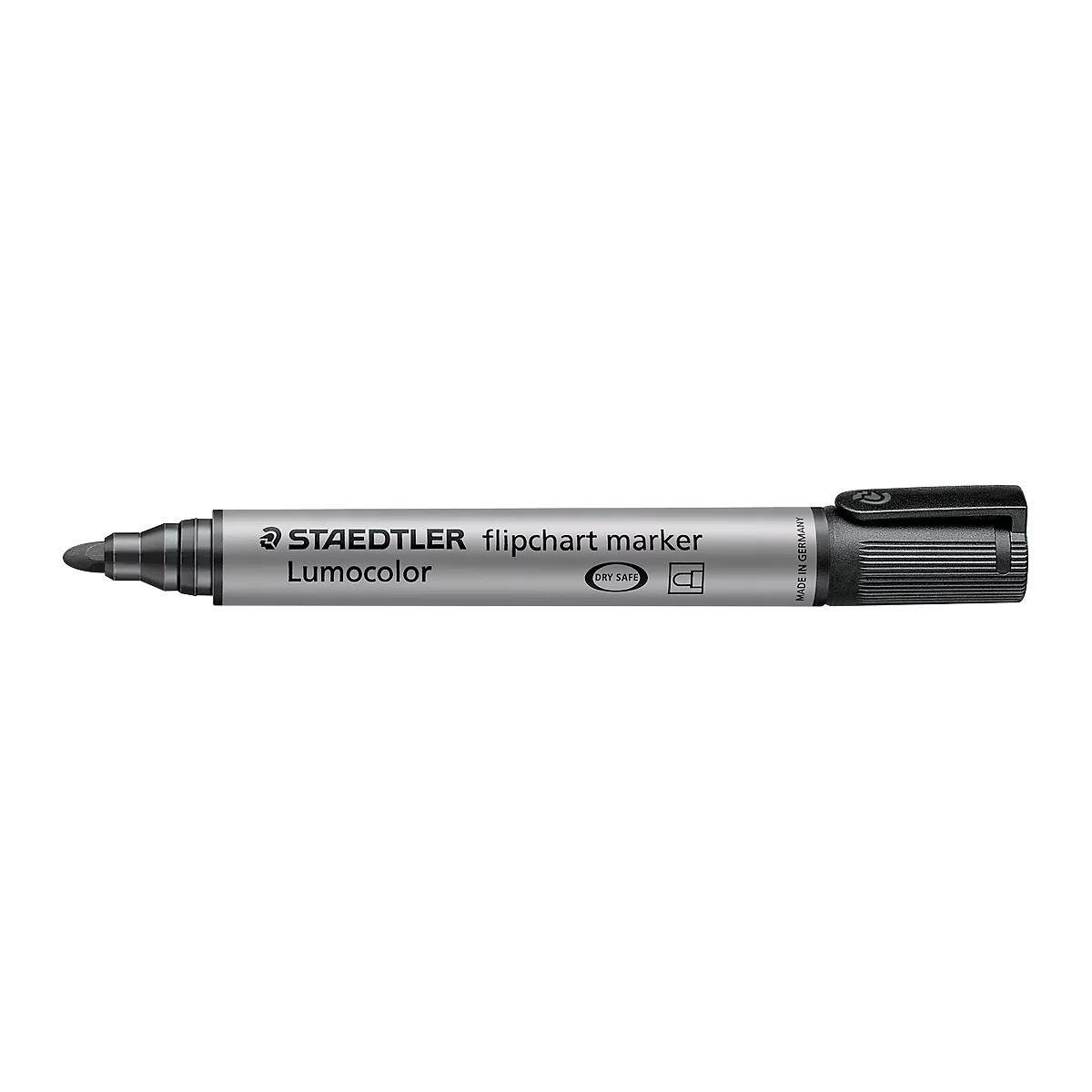 Gray Staedtler flip chart marker. Inscription: Lumocolor, flip chart marker. Black tip, black cap.